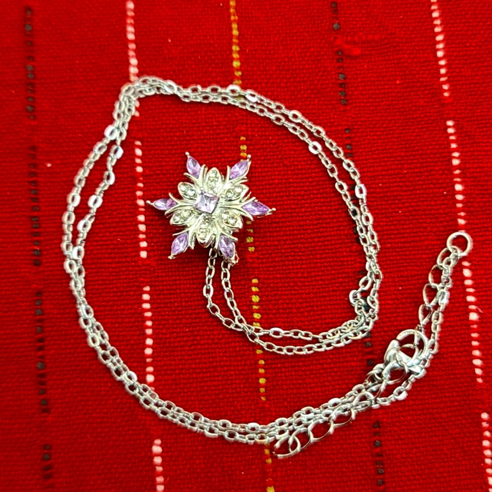 Disney Frozen Theme Purple Rhinestone Snowflake Pendant & Silvertone Necklace